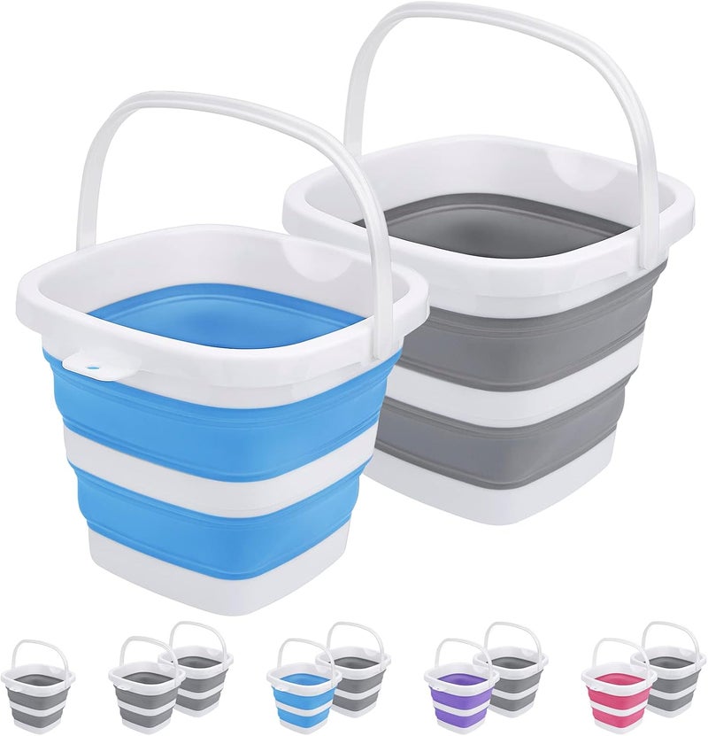 Craftend 2 Pack Collapsible Buckets 5L 1.3Gallon Small Cleaning Bucket for Household Portable Plastic Bucket Outdoor Car Washing Tub Foldable Camping Beach Sand Water Pot Pail Space Saving Square Grey and Blue - Image 1